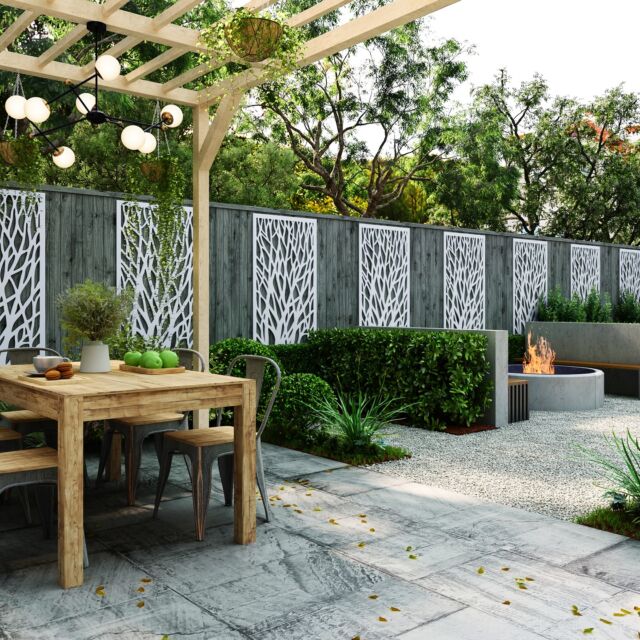 Create a cosy outdoor haven 🌳✨ Our modern tree-inspired garden screens blend perfectly with natural surroundings, adding both style and privacy to your space. Perfect for outdoor dining or relaxing by the fire pit! #GardenStyle #OutdoorLiving #ModernDesign #gardenscreens